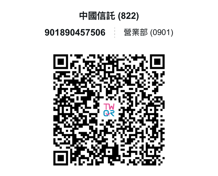 中國信託轉帳 QR Code，帳號 901890457506